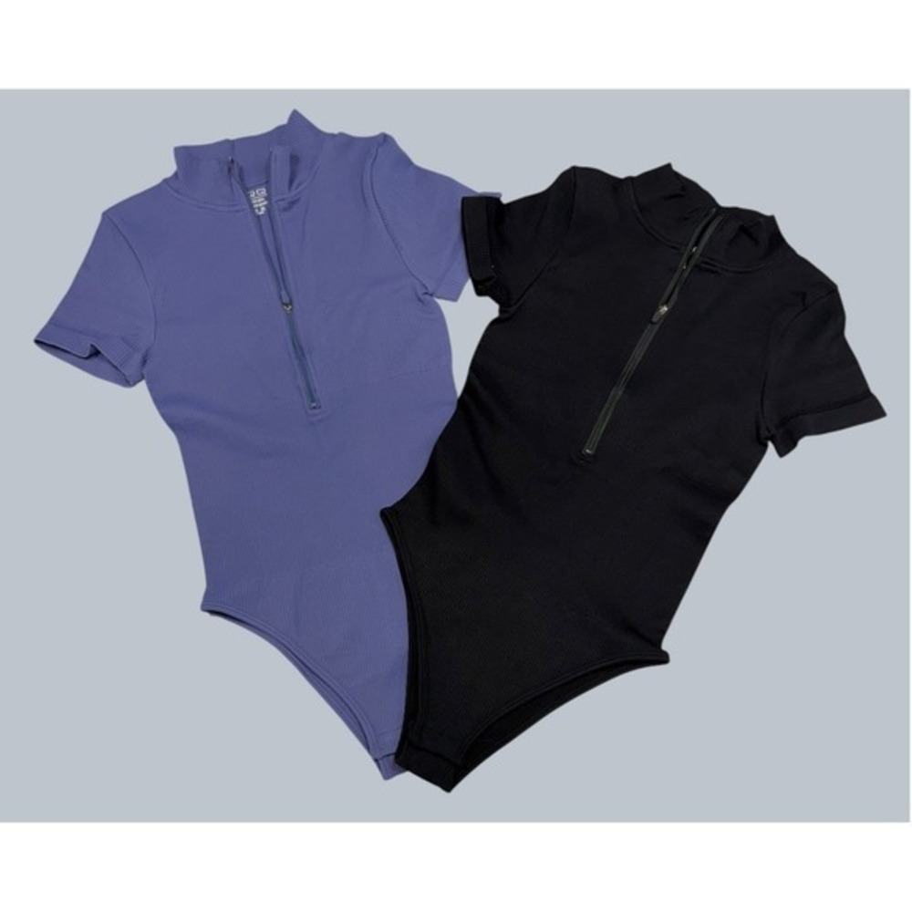 OQA Women Mock Neck Quarter Zip Short Sleeve Bodysuit Set Black Purple 2PK NWOT